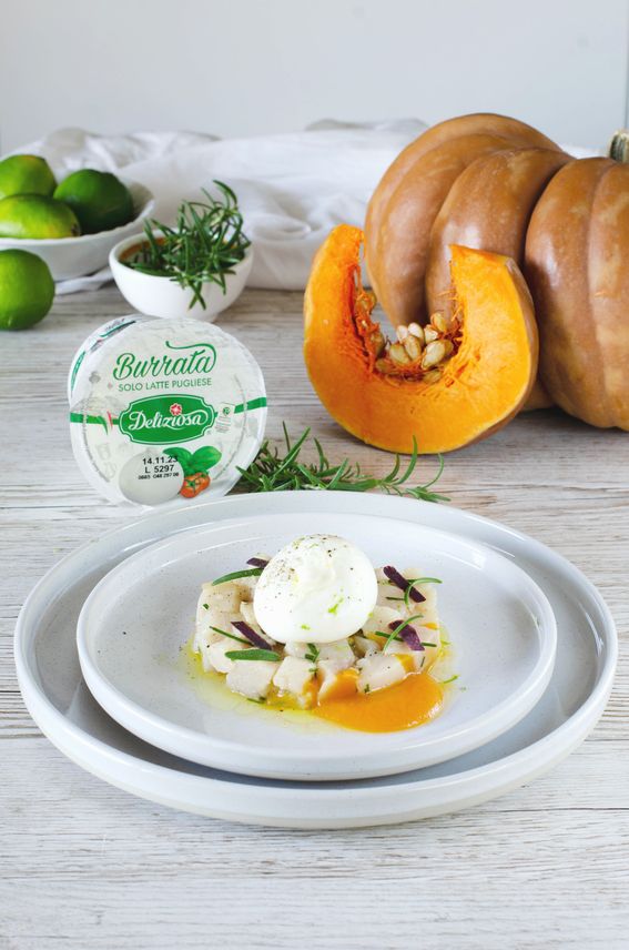 Tartare di pesce spada con vellutata di zucca e burrata